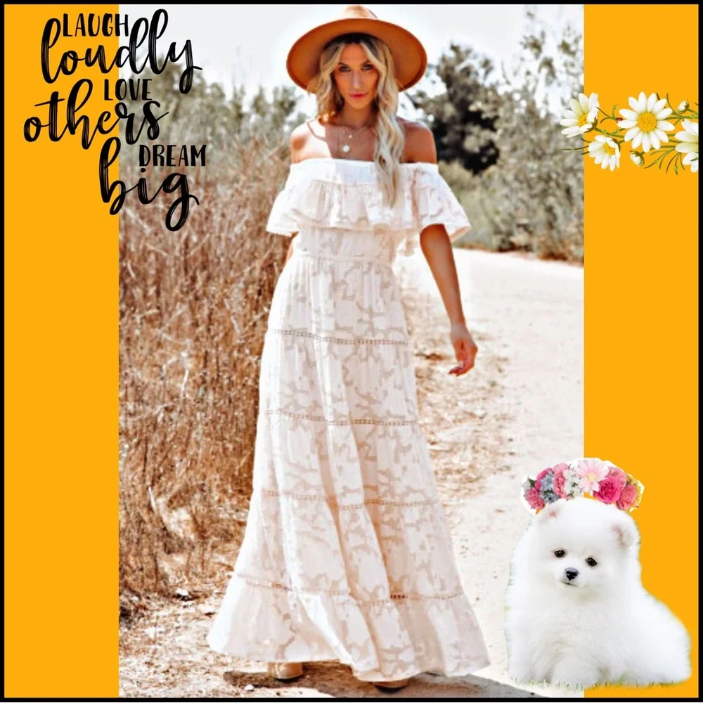 NWT WHITE OFF-THE-SHOULDER RUFFLED LACE MAXI DRESS Medium - Picture 1 of 17
